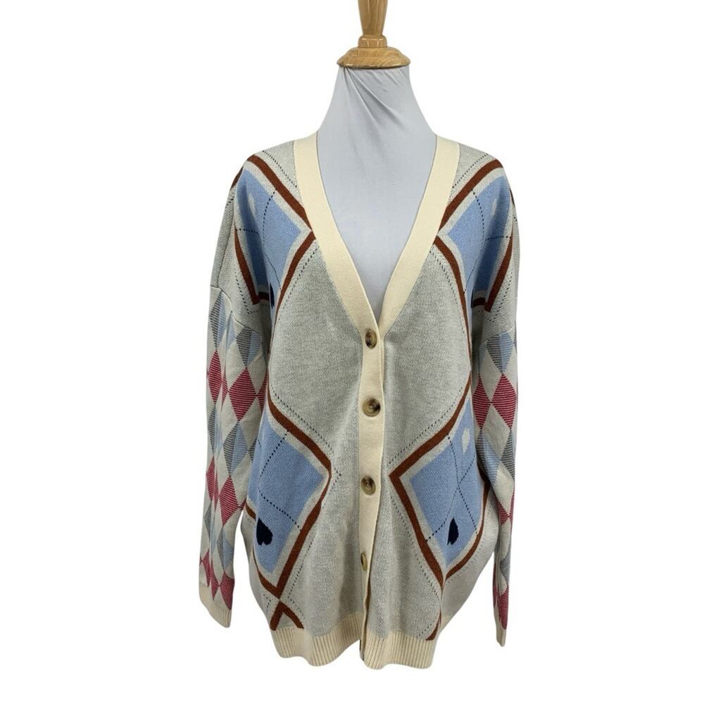 Maeve Cardigan Women M Medium Multi Argyle Hardware Wool Blend Button Up Sweater